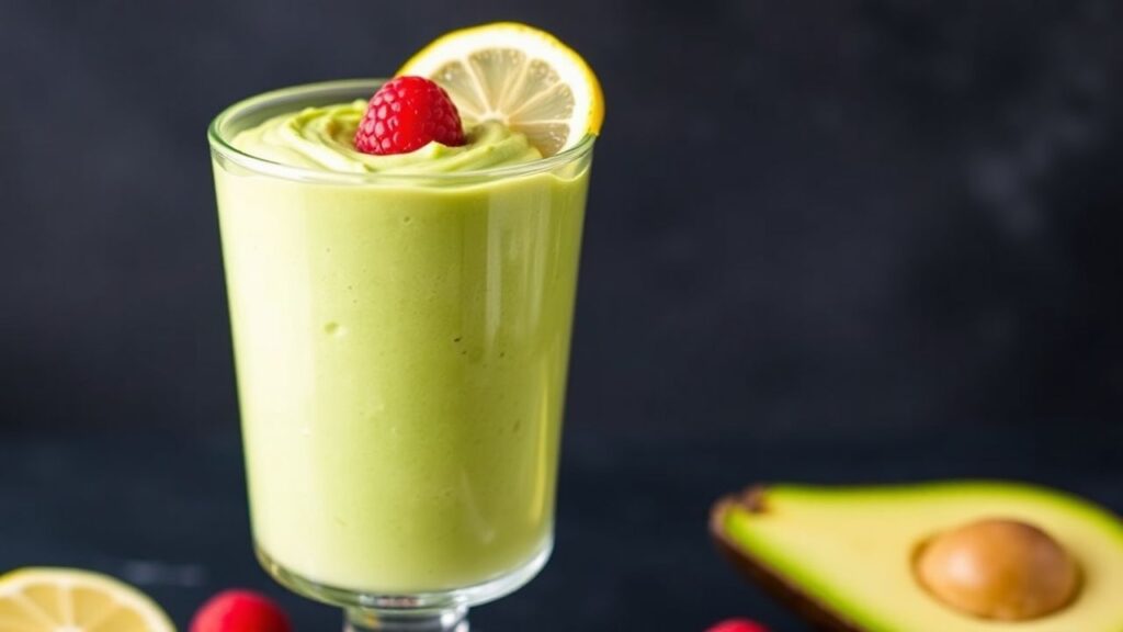 Avocado mousse served with raspberries and lemon zest.