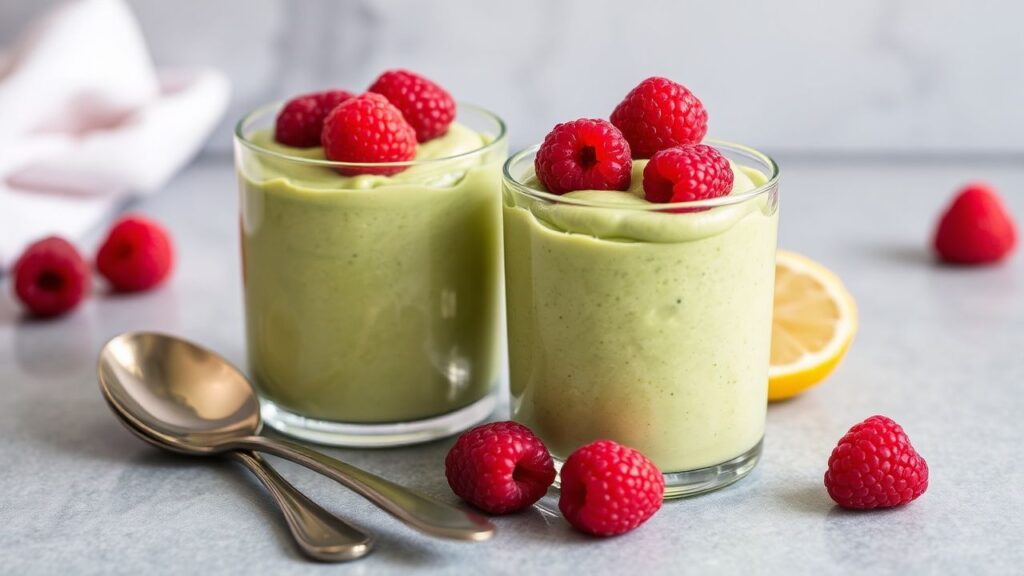Zesty lemon raspberry avocado mousse plated in glasses.