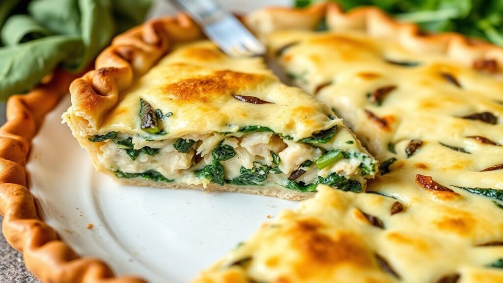 Hearty chicken and spinach pie with keto-friendly crust