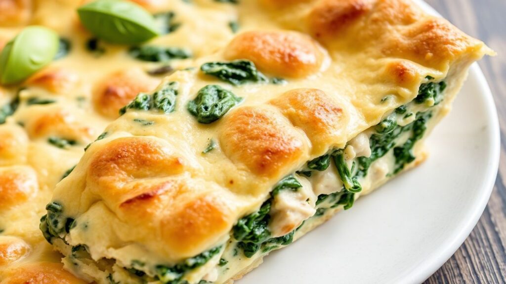 Slice of chicken spinach pie with keto crust