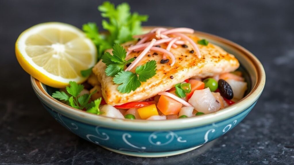 Zesty Peruvian ceviche with fresh tilapia: vibrant citrus, ají amarillo, and cilantro flavors.