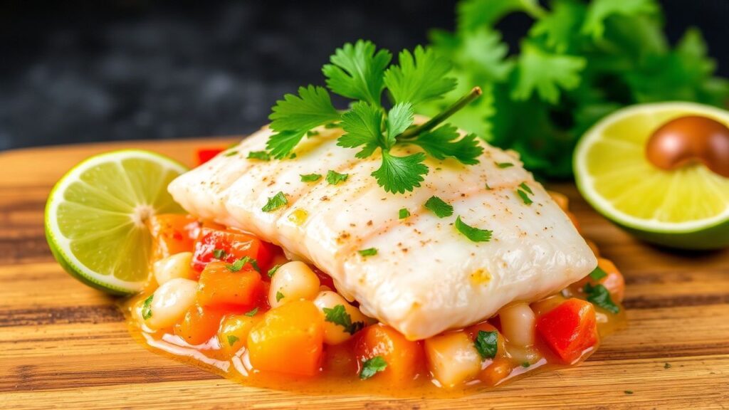 Zesty Peruvian ceviche with fresh tilapia in a bright citrus marinade with cilantro and ají amarillo.