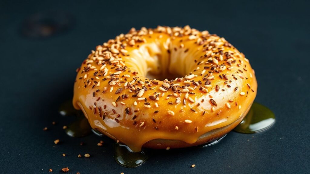 Bagels with golden honey shine, chewy rings, and a soft interior—sweet crust detail