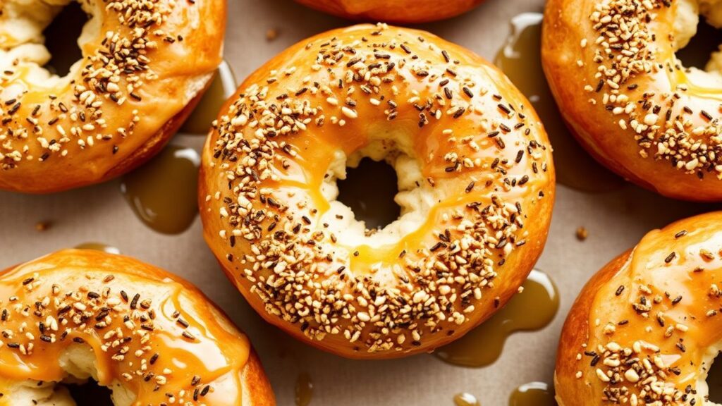 Golden honey bagels baking in the oven with crisp crust and shiny glaze