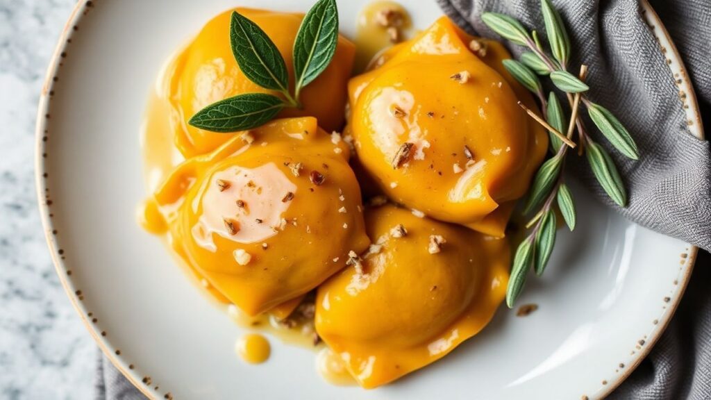 Pumpkin ravioli with sage brown butter and golden filling.