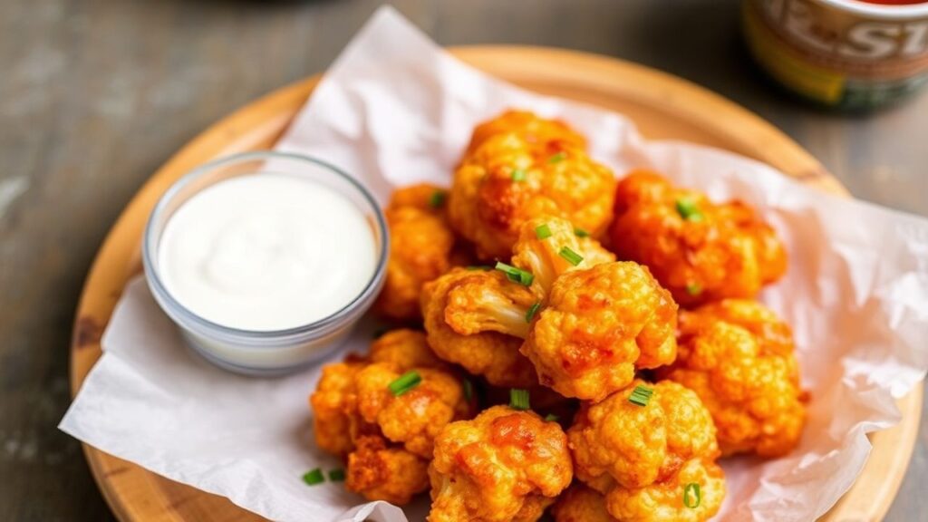 نص بديل: كرات قرنبيط مقرمشة بصلصة بوفالو حارة، لمسة نباتية لذيذة عند craving.