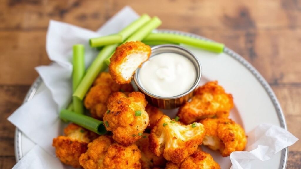 نص بديل: كرات قرنبيط مقرمشة بصلصة بوفالو حارة، لمسة نباتية لذيذة عند craving.