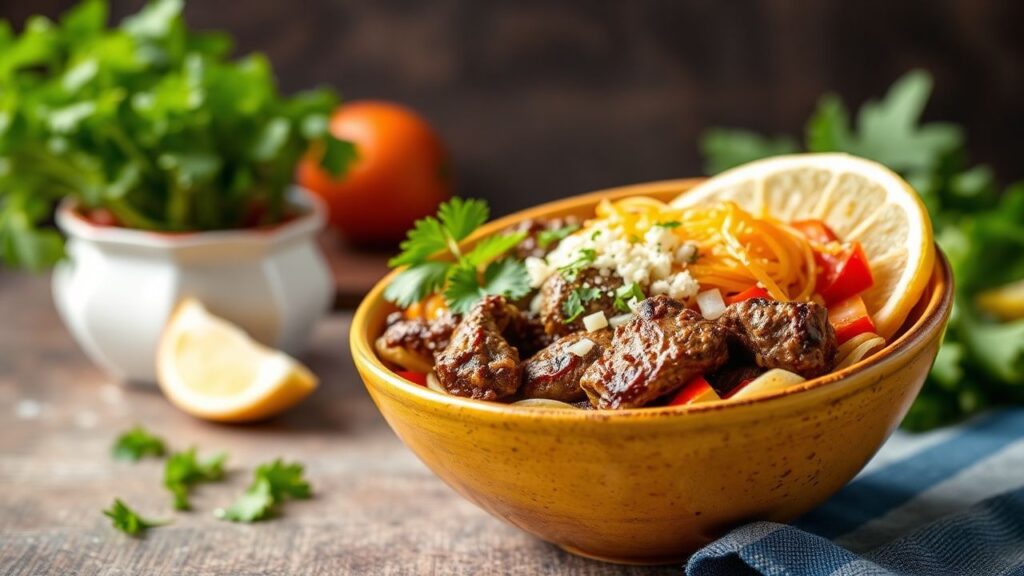 Beef fajita bowl with peppers, onions, and vibrant colors