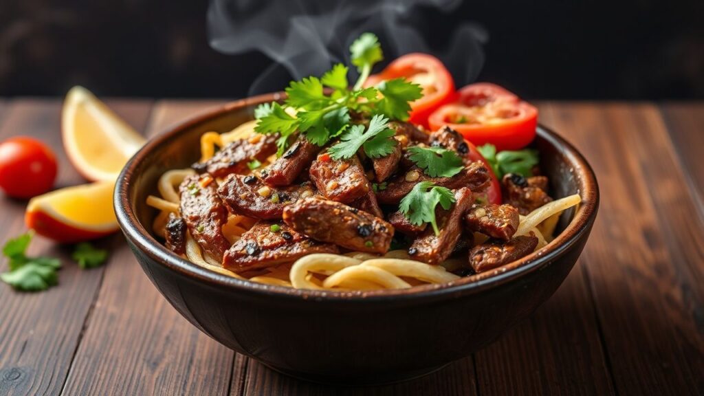 Beef fajita bowl with colorful peppers and smoky flavor
