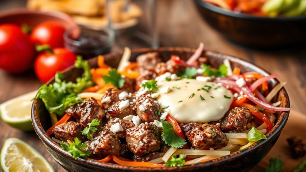 Beef fajita bowl in vibrant layers
