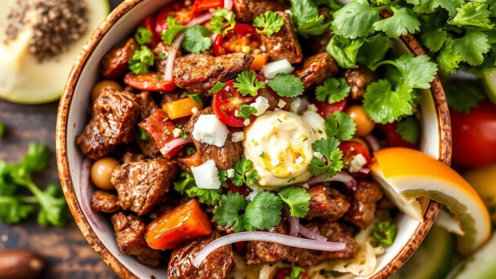 Beef fajita bowl ready to eat