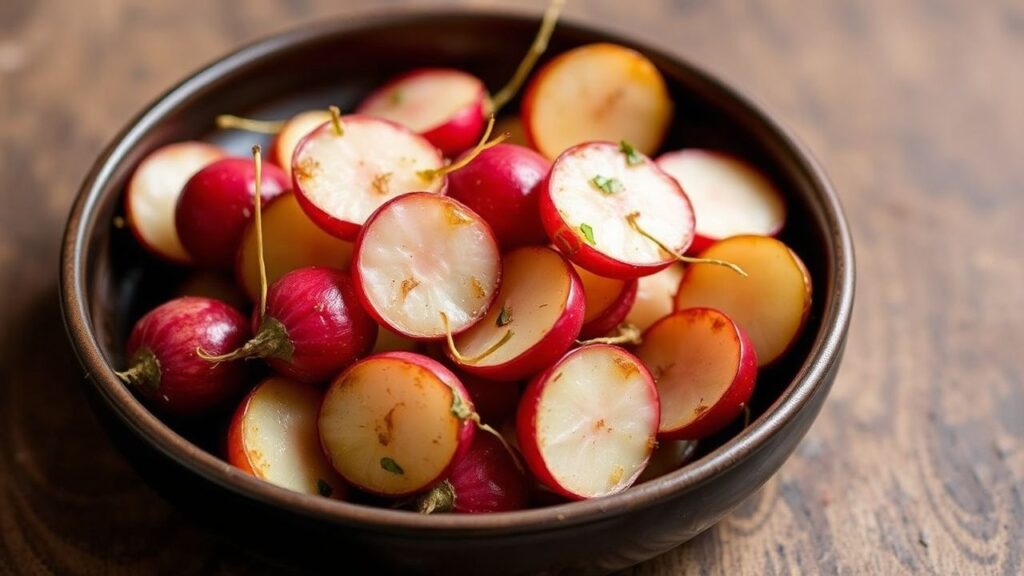 Roasted radishes on a baking sheet