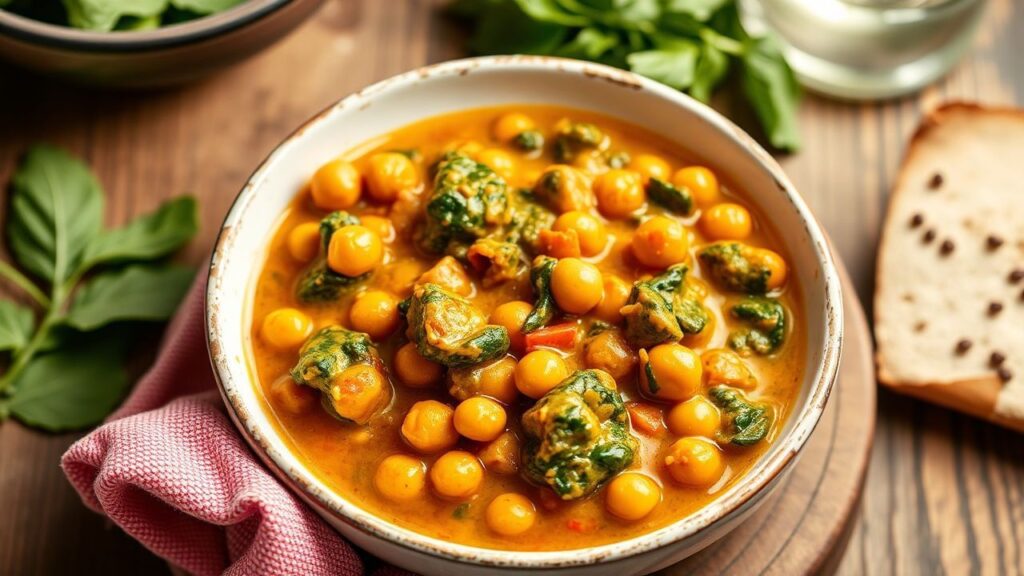 Spice simmering for creamy chickpea spinach curry