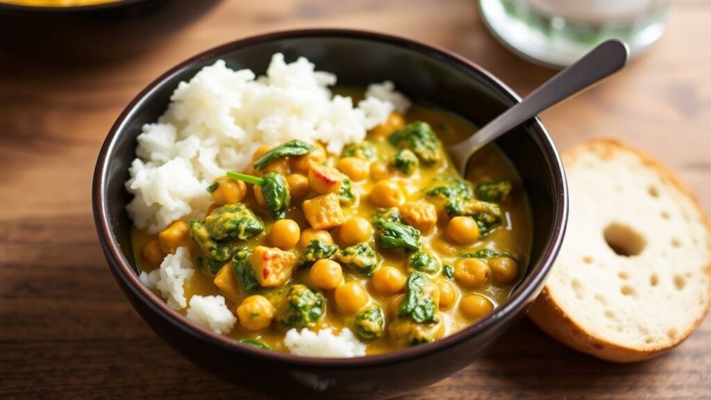 Serving creamy chickpea spinach curry with rice and cilantro
