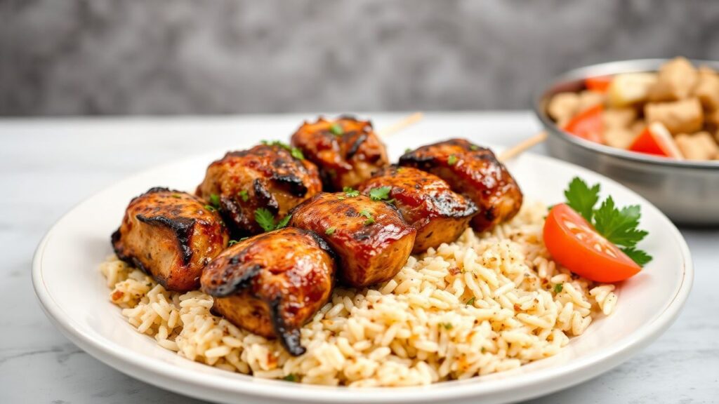 Turkish chicken kebab plate with fragrant rice pilaf