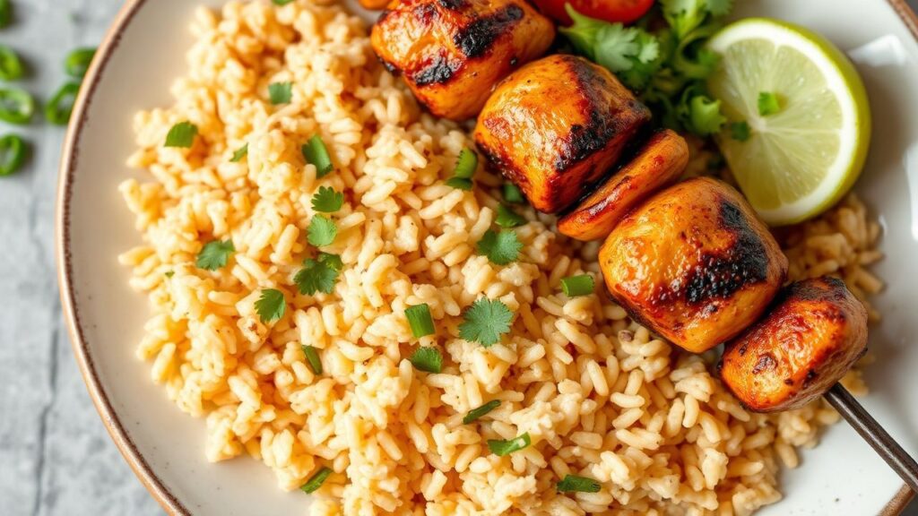 Turkish chicken kebabs with rice pilaf