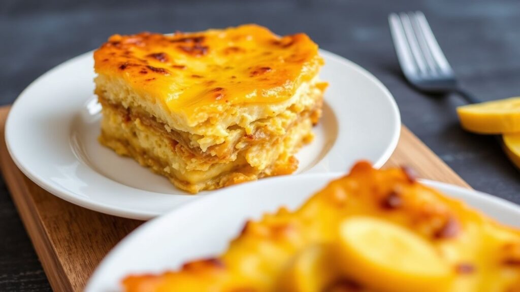 Golden layers in sweet plantain casserole.