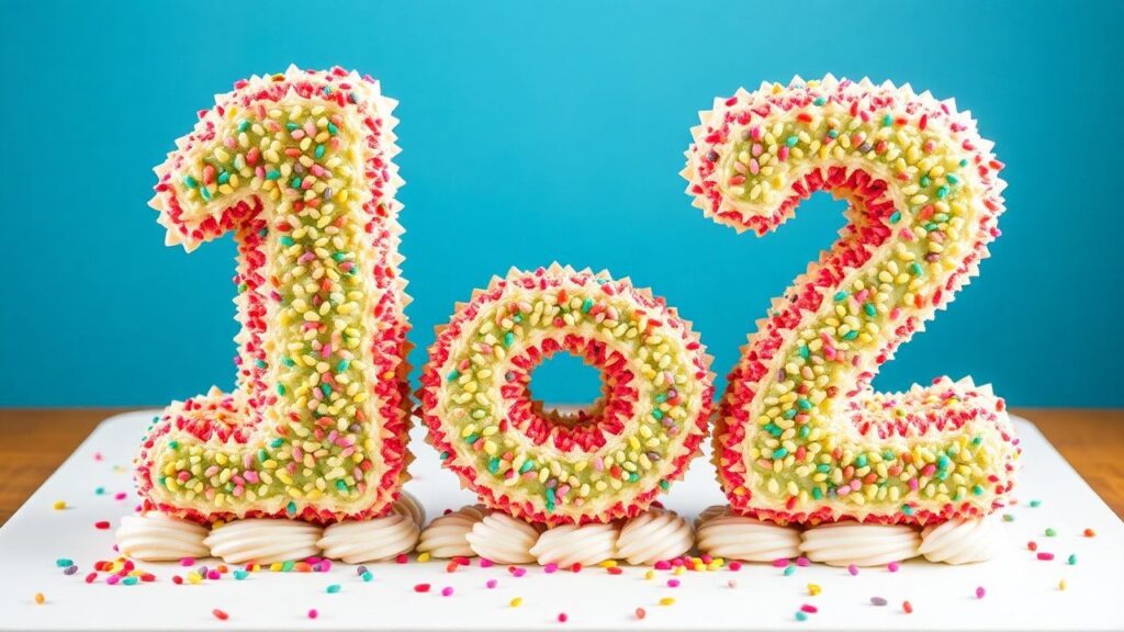 Number cake presentation with fresh fruit and decorative toppings