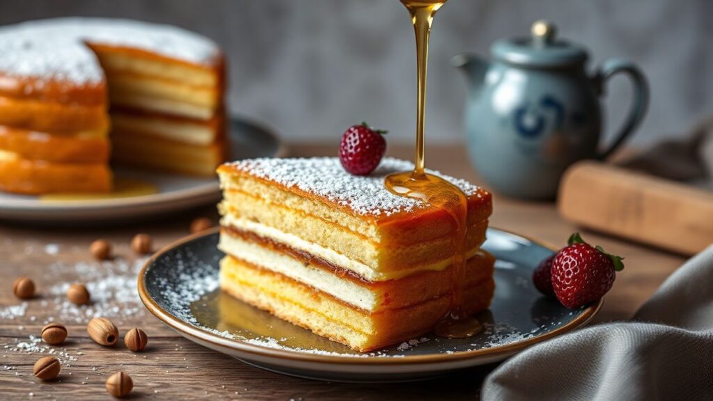 Medovik Magic: Golden honey layers with creamy frosting and toasted nuts.