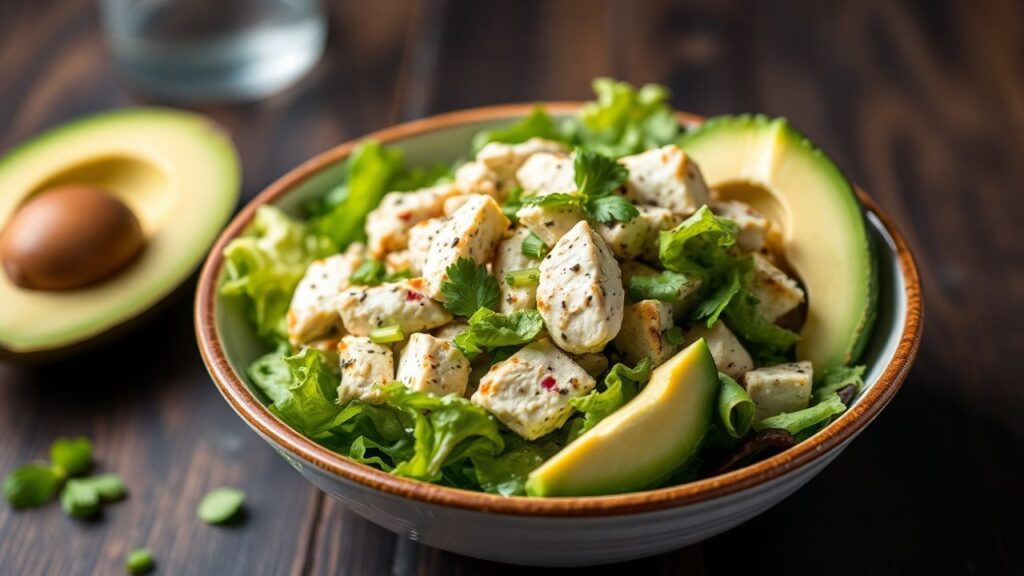Keto-friendly avocado chicken salad served fresh with greens