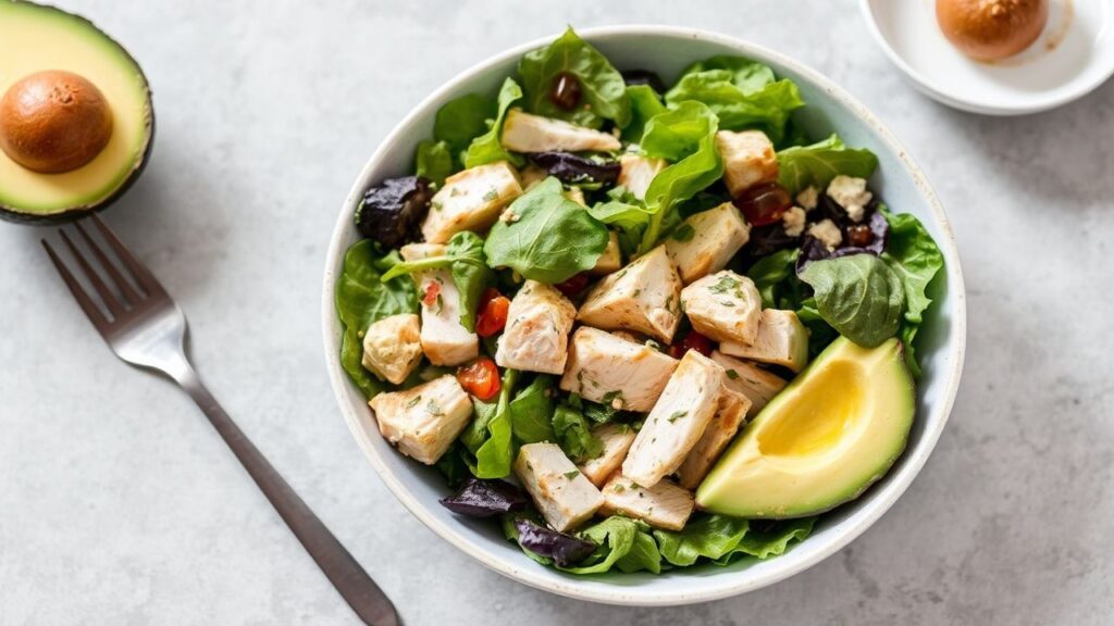 Keto avocado chicken salad in a bowl with herbs