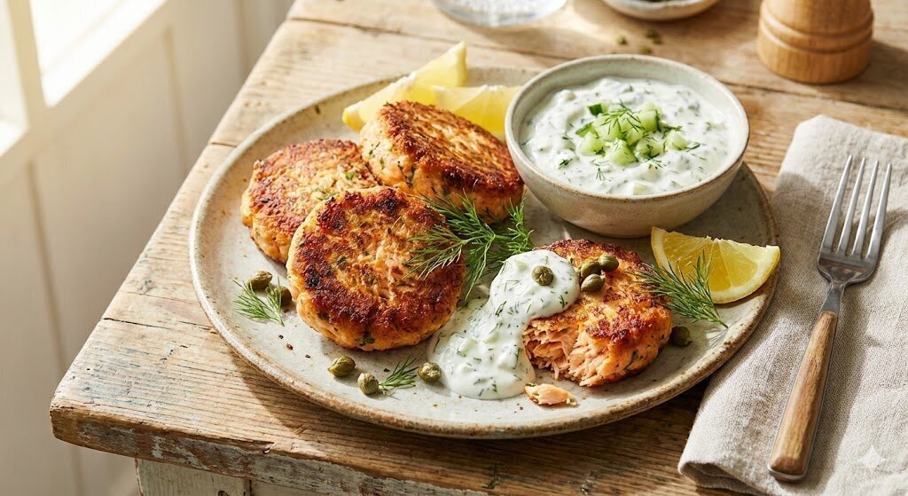 Deliciously Healthy Salmon Cakes with Tangy Dill Yogurt Sauce