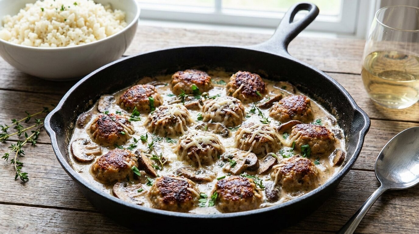 Rich Keto Turkey Meatballs in Lush Creamy Mushroom Sauce