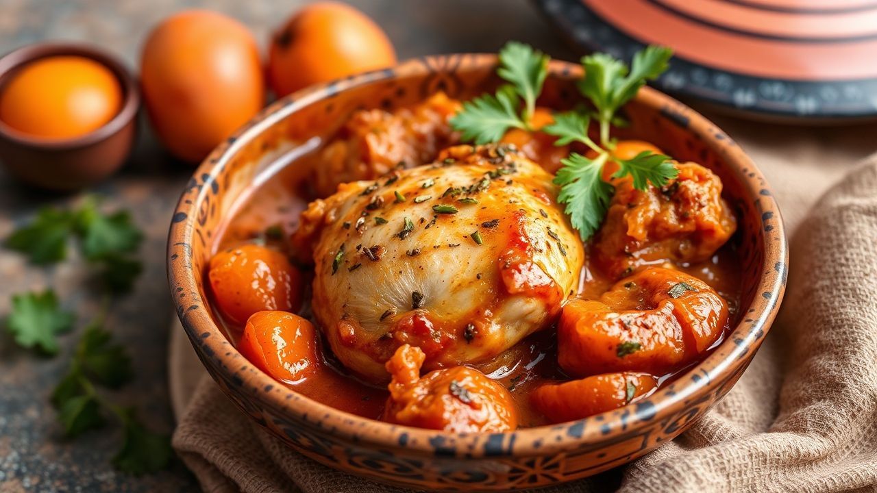 طبق دجاج مغربي طاجين مع مشمش حلو، نكهة تقليدية شهية.