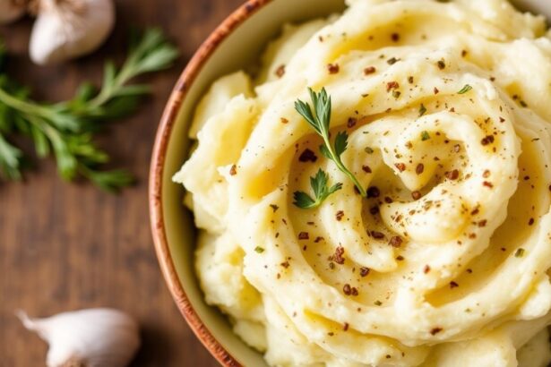بطاطس مهروسة كريمية خفيفة خالية من الألبان مع ثوم وأعشاب، قوامها زغبي ومغطى باللمعان.