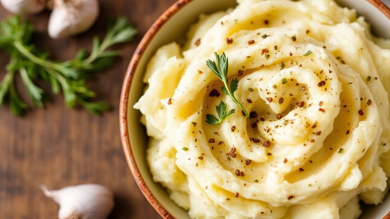 بطاطس مهروسة كريمية خفيفة خالية من الألبان مع ثوم وأعشاب، قوامها زغبي ومغطى باللمعان.