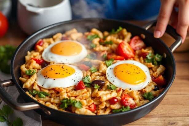 صورة لوجبة إفطار نباتية على صينية: هاش خضار مقرمش “Sunrise Sizzle” مع شروق الشمس