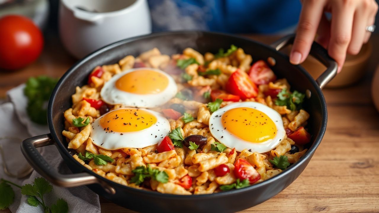 صورة لوجبة إفطار نباتية على صينية: هاش خضار مقرمش “Sunrise Sizzle” مع شروق الشمس