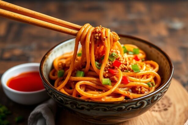 وعاء معكرونة دن دان نباتية بصلصة سمسم حارة وتفاصيل حمراء لامعة، Fiery Vegan Dan Dan Noodles