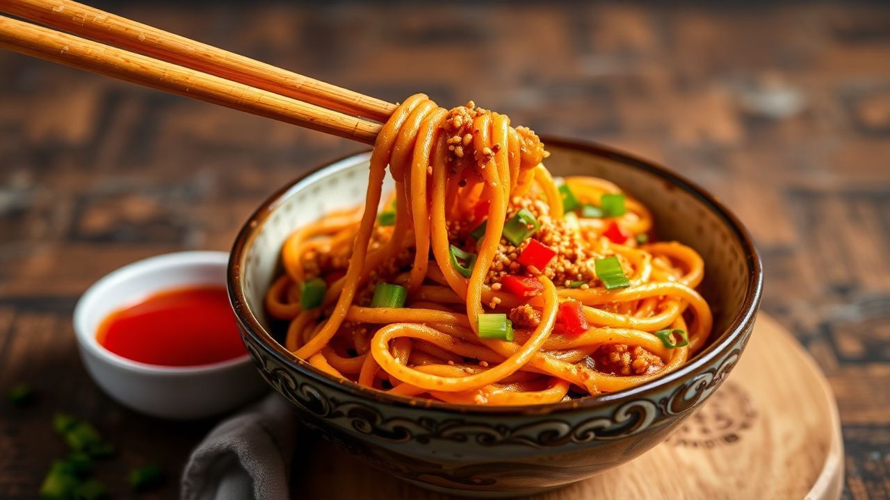 وعاء معكرونة دن دان نباتية بصلصة سمسم حارة وتفاصيل حمراء لامعة، Fiery Vegan Dan Dan Noodles