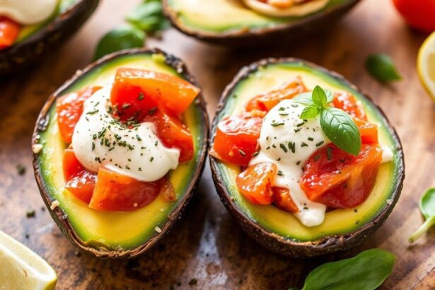 وصف: Caprese Stuffed Avocados مع طماطم موزعة وباسيل وجبن—نكهة طازجة.