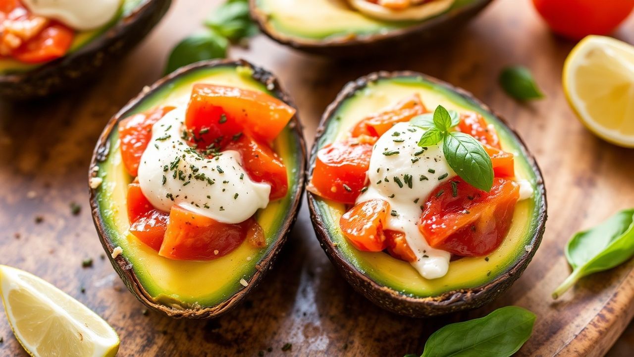 وصف: Caprese Stuffed Avocados مع طماطم موزعة وباسيل وجبن—نكهة طازجة.