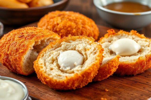 Golden crispy coxinha with creamy chicken filling, shown step-by-step for Brazilian croquettes.