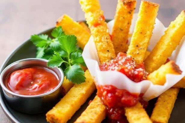 أصابع بولينتا مقرمشة مع صلصة مارينارا زِستية، تقدم مع جبن ورائحة ثوم.