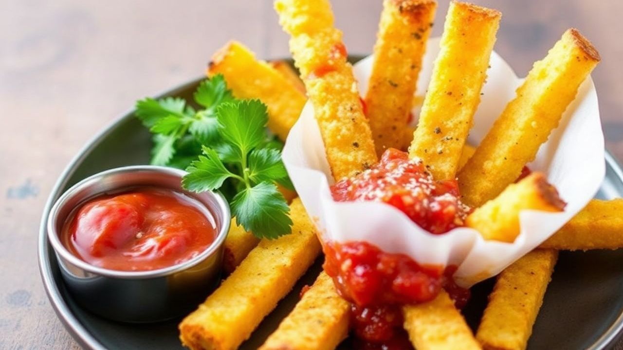أصابع بولينتا مقرمشة مع صلصة مارينارا زِستية، تقدم مع جبن ورائحة ثوم.