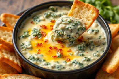 طبق كريمي ساخن بالجبن والسبانخ والخرشوف، دسم ومغري جدًا لتقديم سريع.