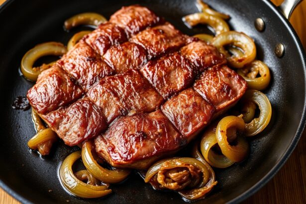 Pan-sear steak with caramelized onions in a skillet, glossy brown sear and juices.