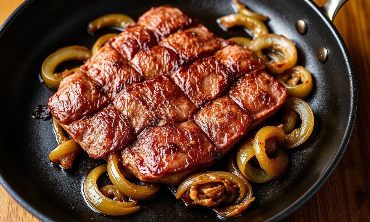 Pan-sear steak with caramelized onions in a skillet, glossy brown sear and juices.