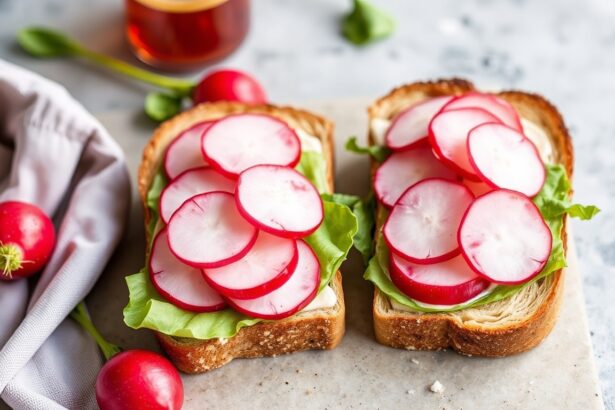 Radish butter tea sandwiches on rustic bread with fresh greens and soft butter.