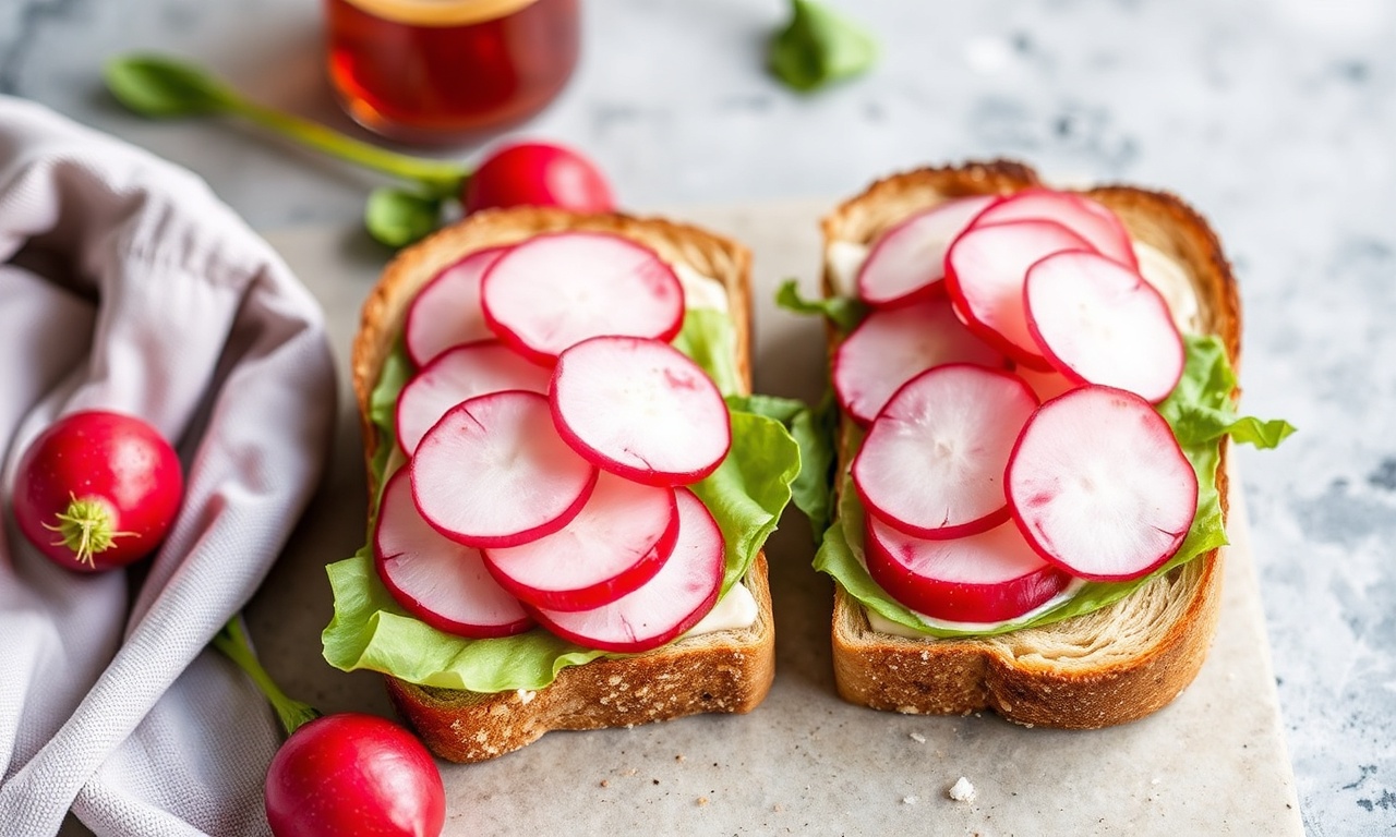Radish butter tea sandwiches on rustic bread with fresh greens and soft butter.