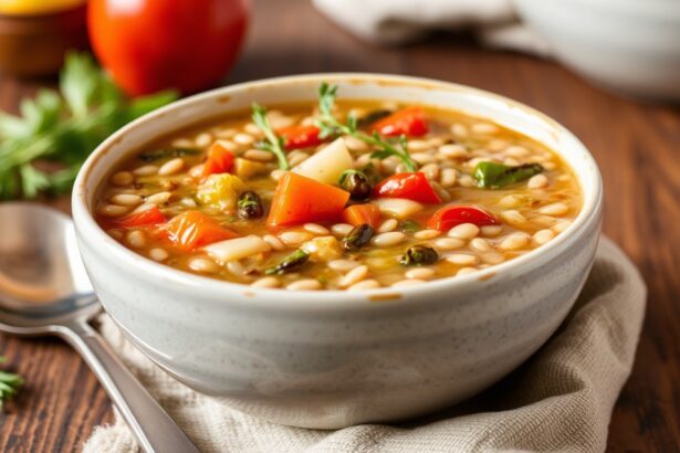 وعاء شوربة خضار بالبرغل دسمة ولذيذة بتقديم دافئ في يوم شتوي