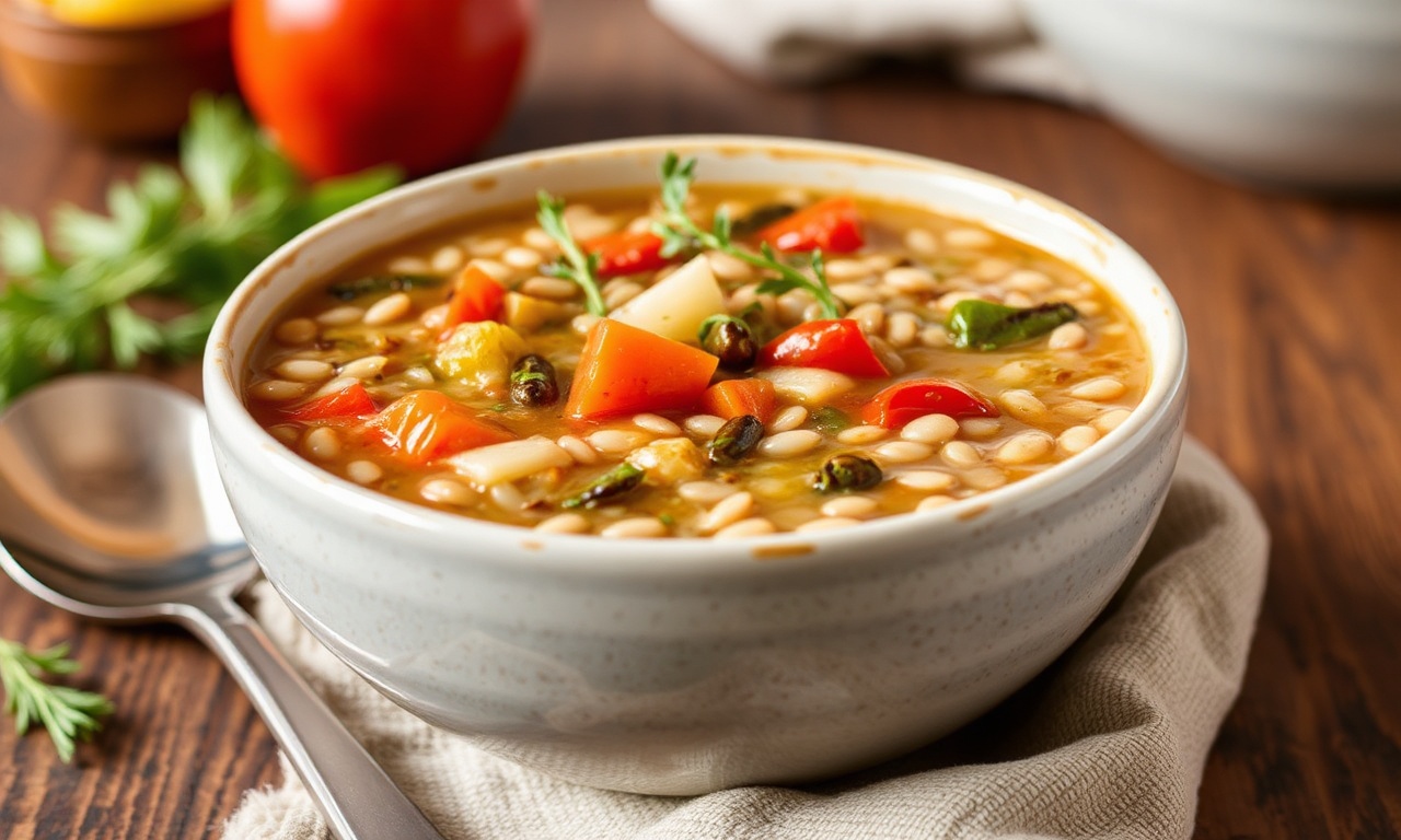 وعاء شوربة خضار بالبرغل دسمة ولذيذة بتقديم دافئ في يوم شتوي