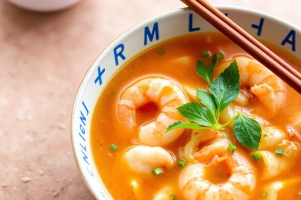 Lemongrass shrimp soup with spicy, sour broth and fresh herbs in a cozy bowl.