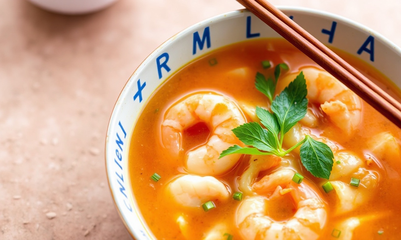 Lemongrass shrimp soup with spicy, sour broth and fresh herbs in a cozy bowl.