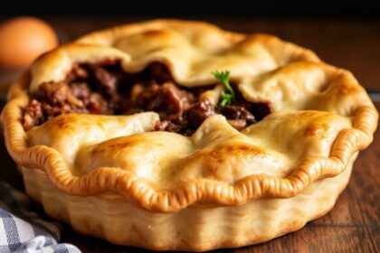 Beef & Onion Pie with flaky golden pastry, savory beef and caramelized onions in a baking dish.
