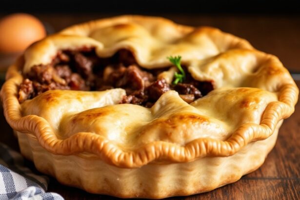 Beef & Onion Pie with flaky golden pastry, savory beef and caramelized onions in a baking dish.
